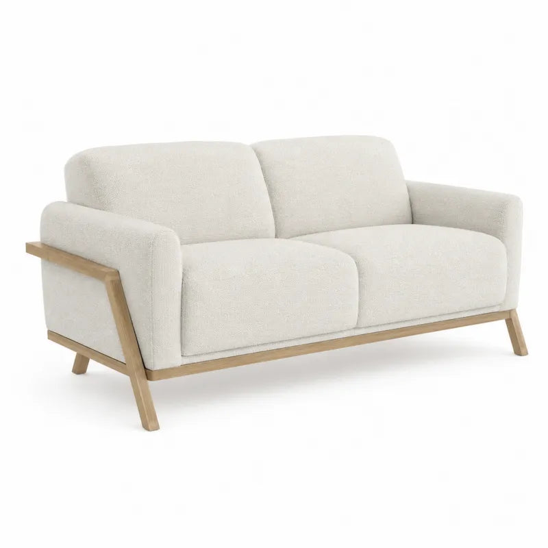 Sofa dwuosobowa bia?a z drewnian? ram? i poliestrow? tapicerk?