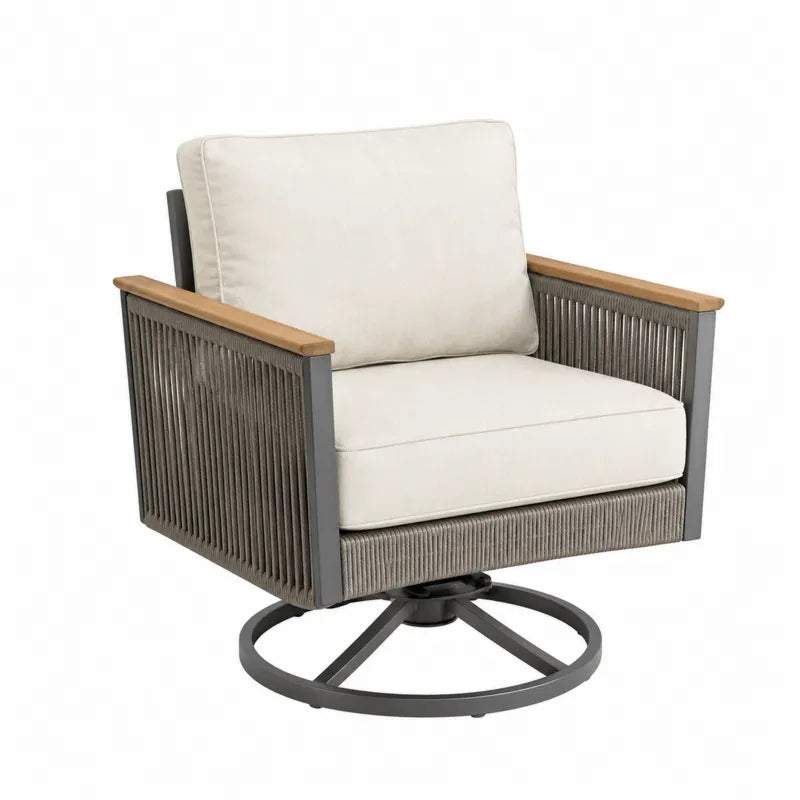 Fotel obrotowy outdoor z poduszkami, stal, sznur, drewno teak