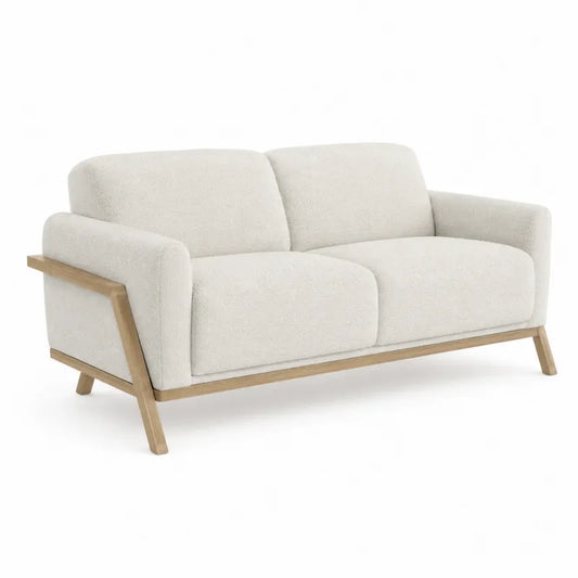 Sofa dwuosobowa bia?a z drewnian? ram? i poliestrow? tapicerk?